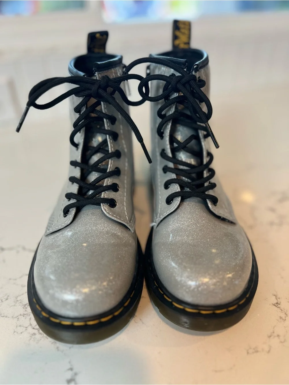Dr. Martens Kids Silver Glitter Lace-Up Boots